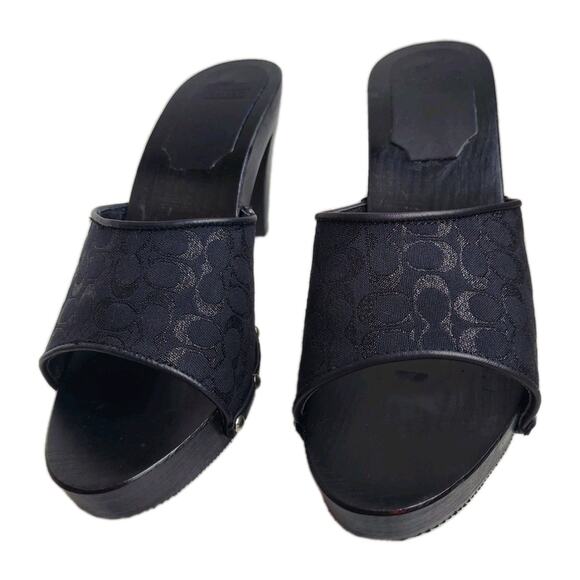COACH Brenda Womens Shoe Sandal Sz 7 Wood Heel Black Metal Signature Logo A0871 - Picture 4 of 12